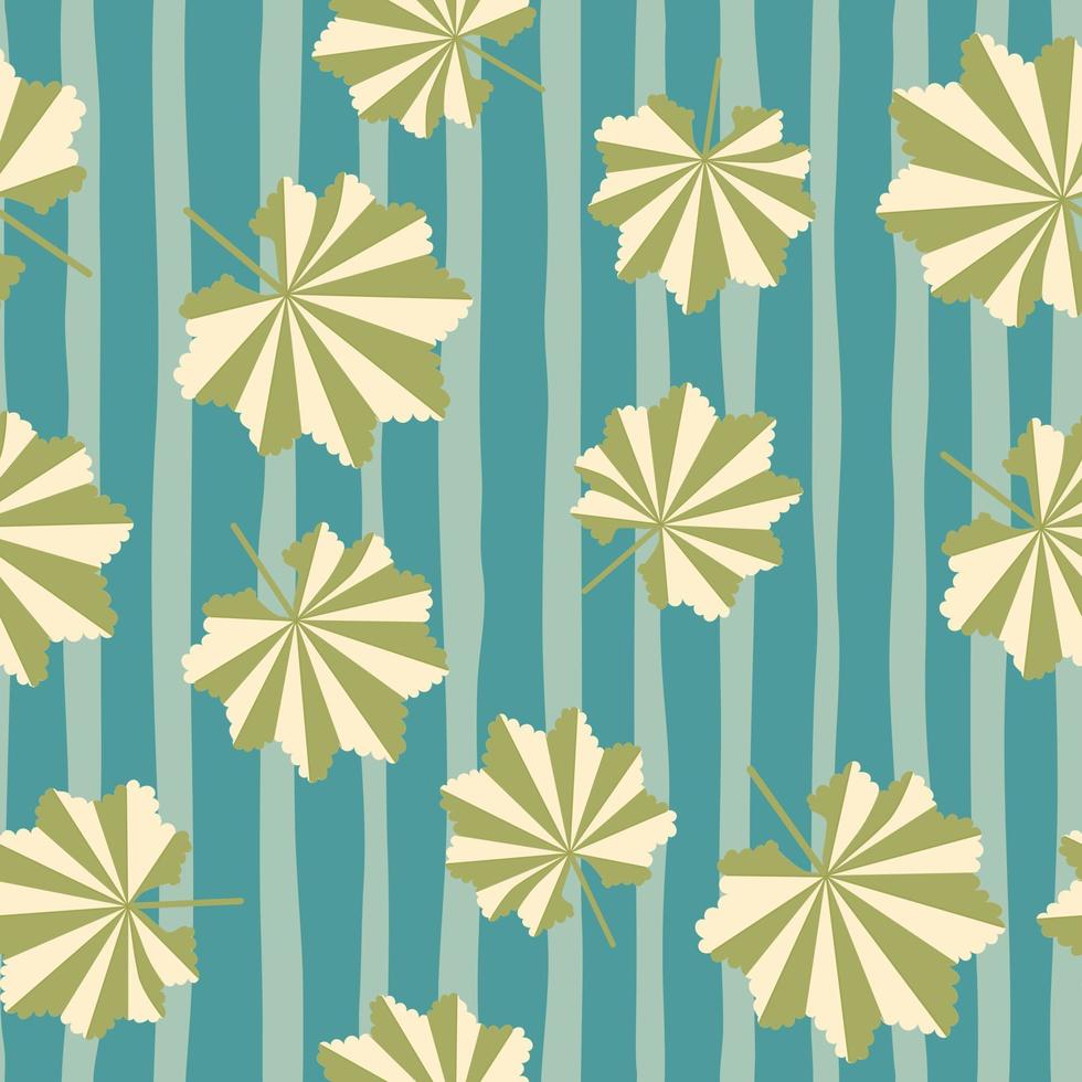 Random green leaf ornament tropical seamless pattern. Botanic artwork with turquoise striped background. vector