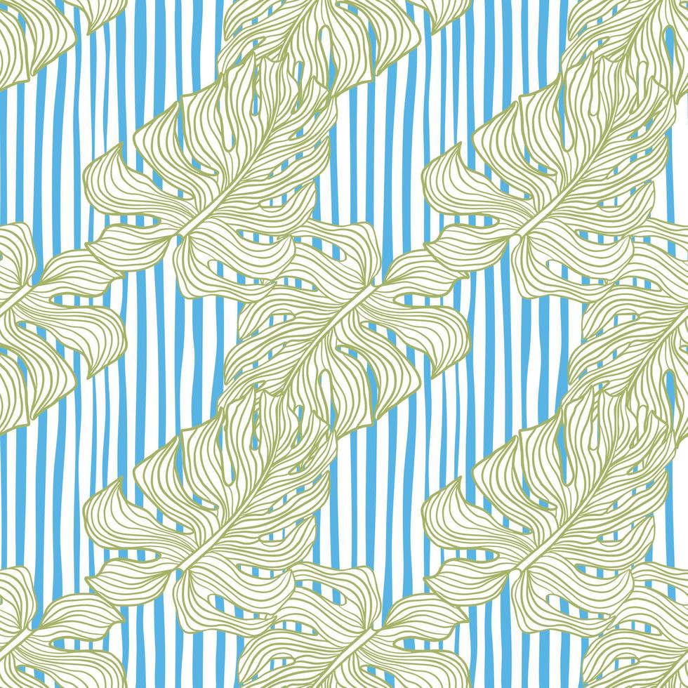 Pastel green monstera leaf ornament seamless doodle pattern. Blue and white striped background. vector