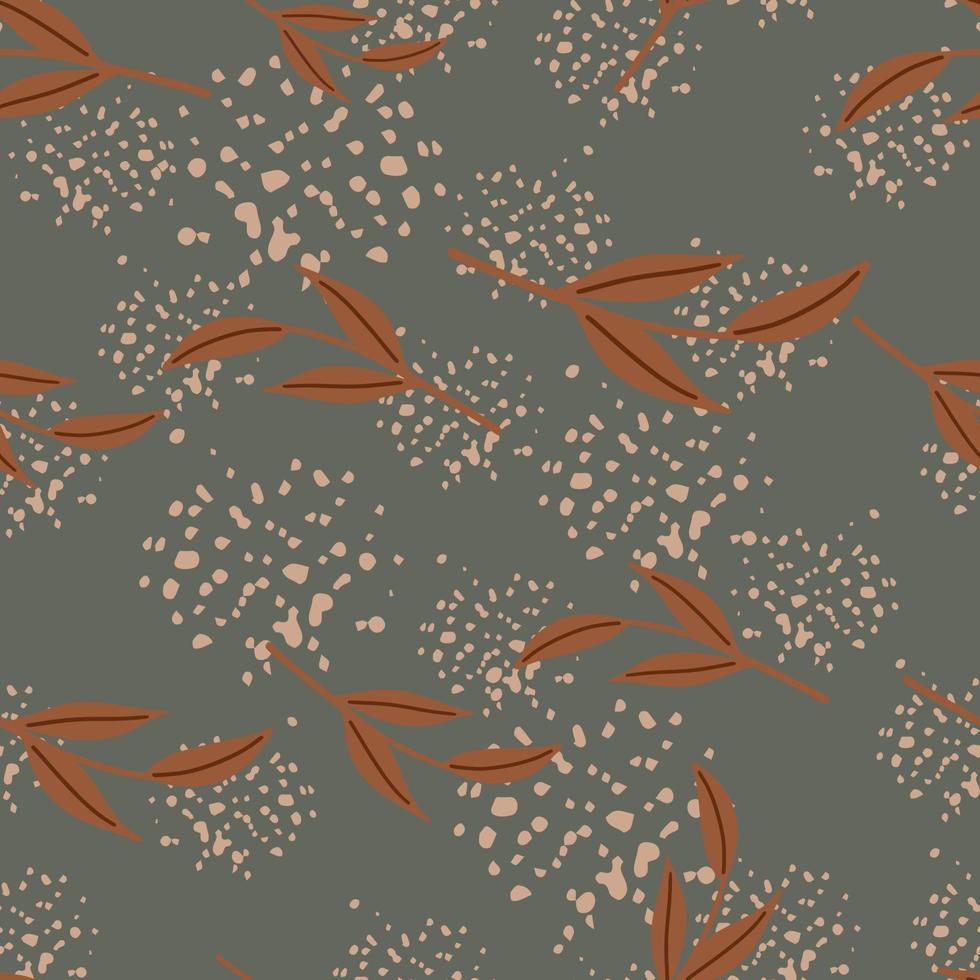 Autumn seamless pattern with random fall orange leaf branches shapes. Grey background with splashes. vector