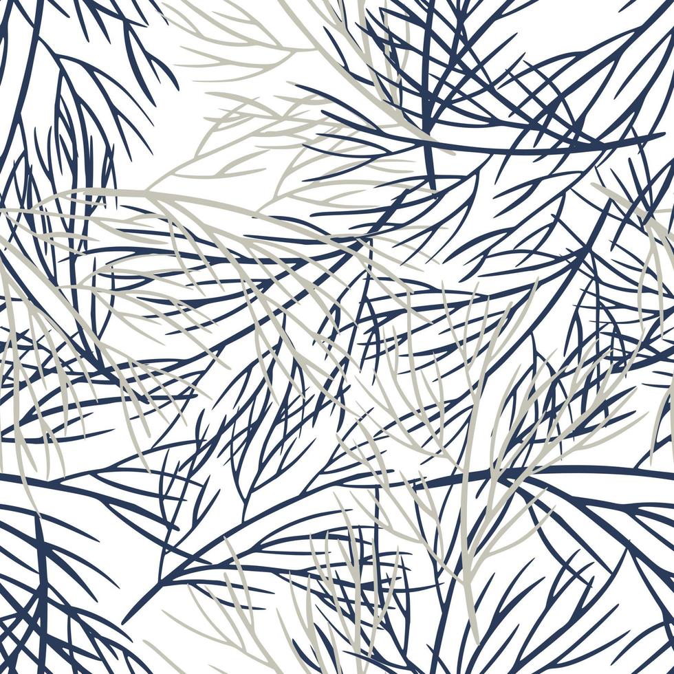Isolated decorative nature seamless pattern with navy blue contoured tree branches silhouettes. White background. vector