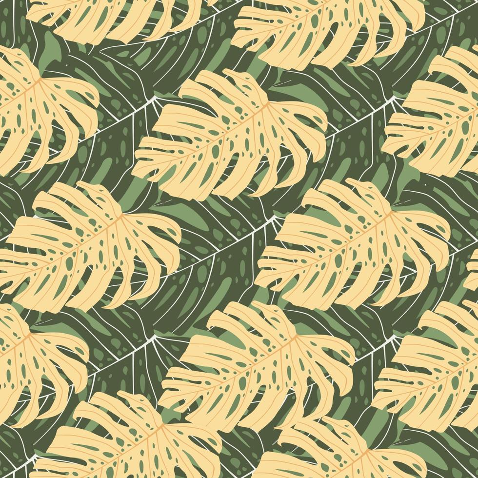 siluetas de monstera de color beige y verde patrón de garabato sin costuras. telón de fondo botánico. vector