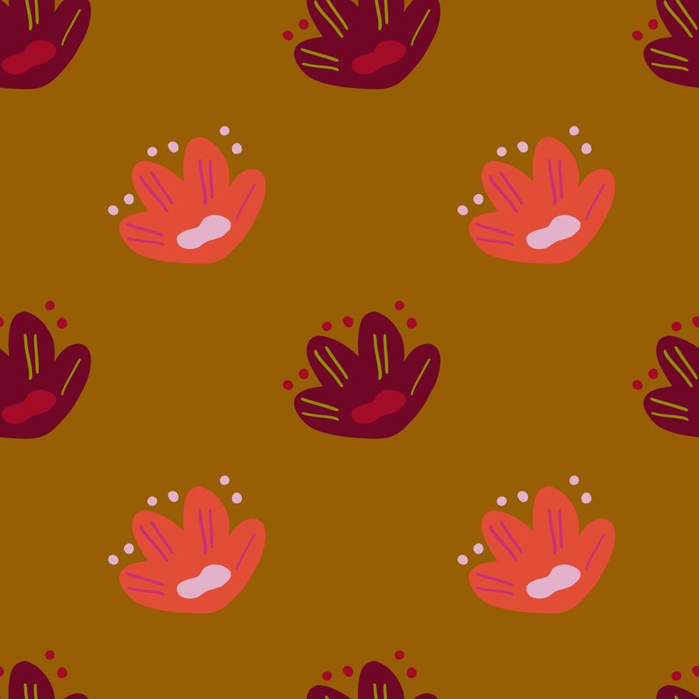 Abstract floral seamless pattern with maroon and pink flowers naive ornament. Mustard background. vector
