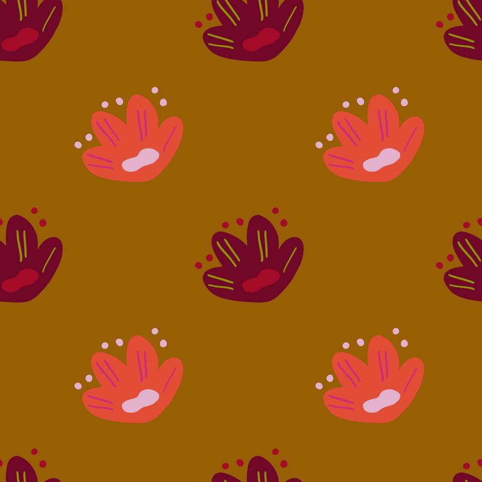 Abstract floral seamless pattern with maroon and pink flowers naive ornament. Mustard background. vector