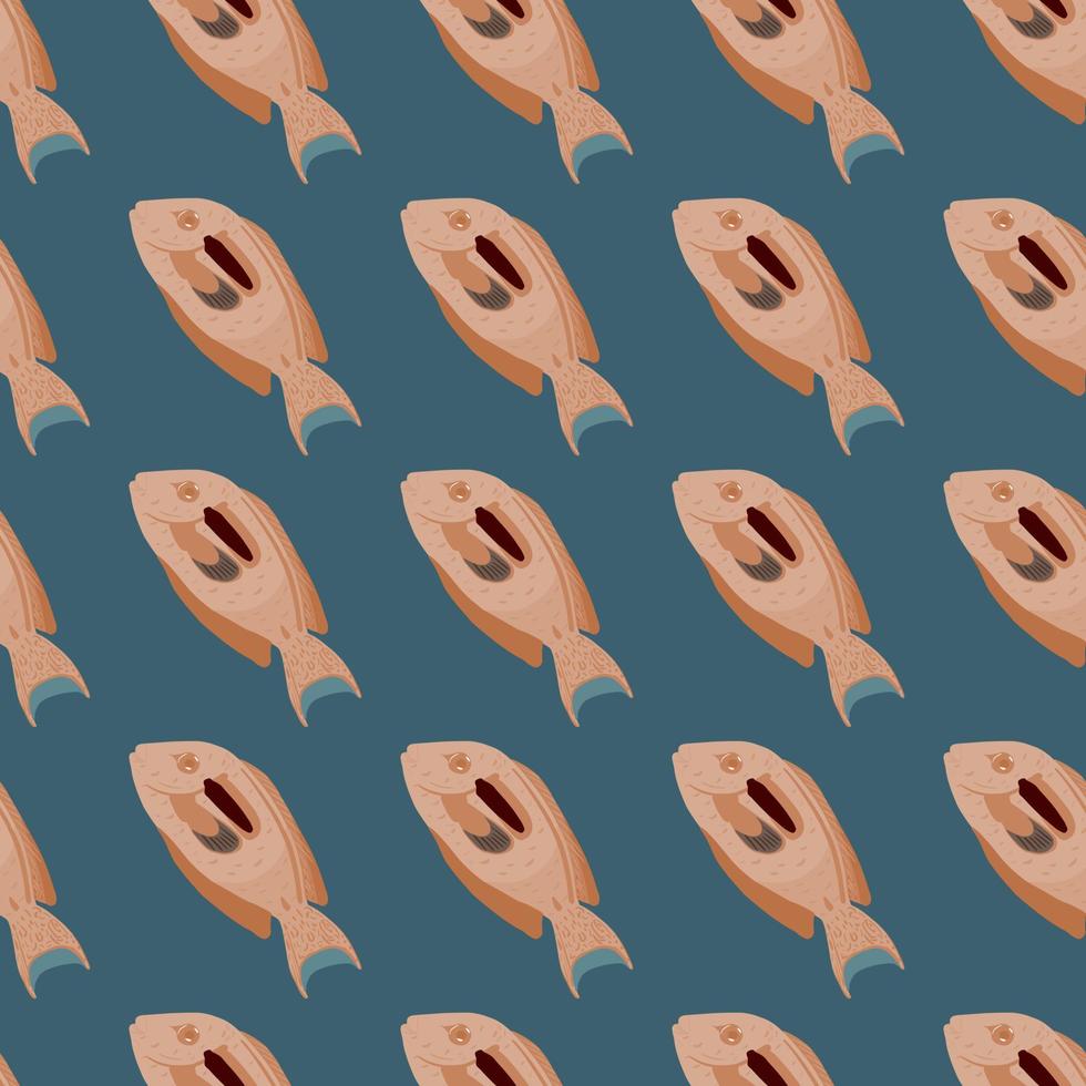 Aquatic seamless pattern with doodle simple beige surgeon fish shapes. Navy blue pastel background. vector