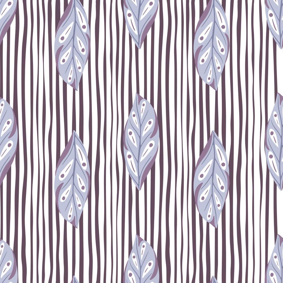 Forest foliage seamless pattern with light blue geometric leaf print. Striped background. Bloom backdrop. vector