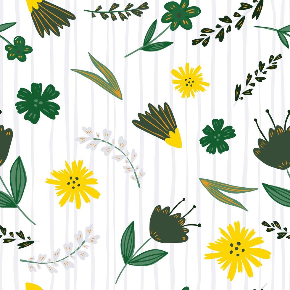 Folk floral seamless pattern on stripes background. Cute little flowers wallpaper in vintage style. vector