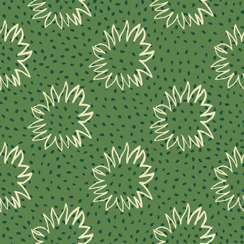 Hand drawn simple seamless pattern with yellow light contoured sun silhouettes. Abstract ornament on green dotted background. vector