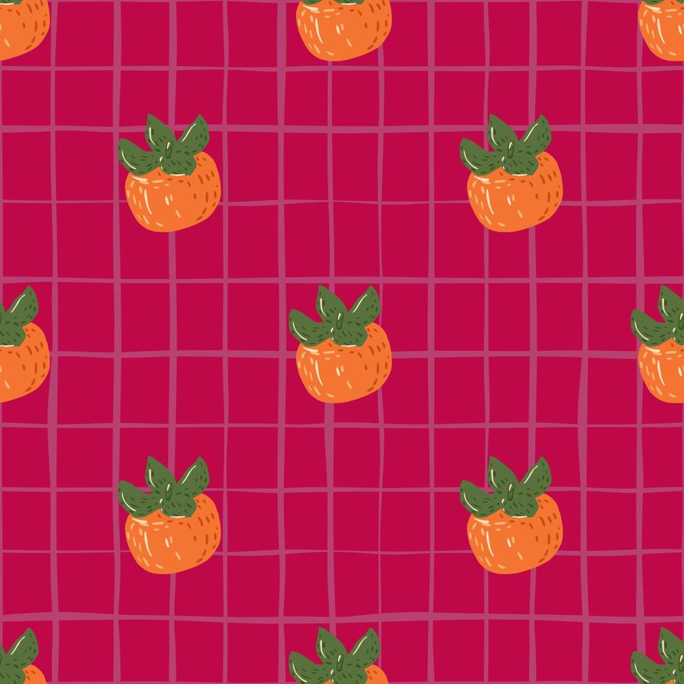 Orange ripe simple persimmons shapes seamless pattern. Pink chequered background. Food backdrop. vector