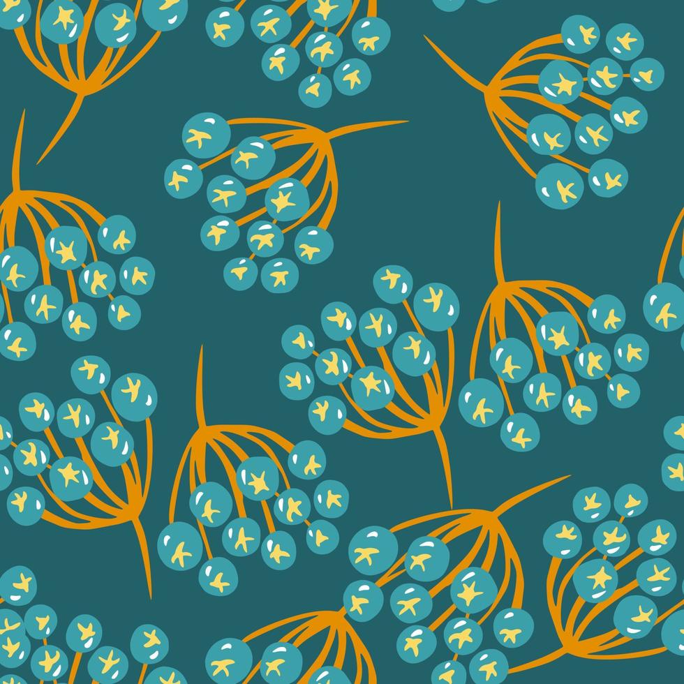 Botanical random seamless pattern with nature rowan ornament. Blue background. Season backdrop. vector