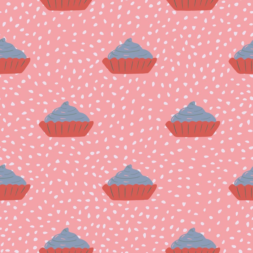 Basket with blue cream seamless creative pattern. Pink dotted background. Food decoration cupcake ornament. vector