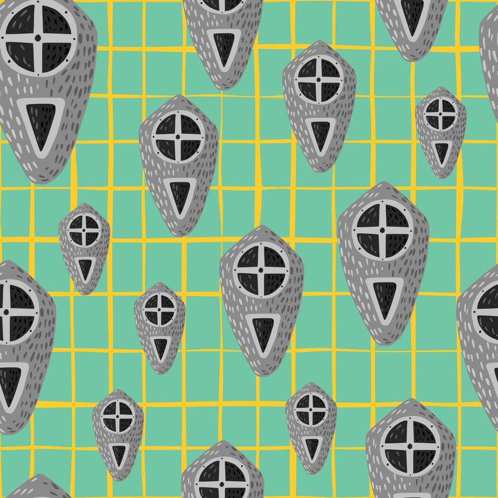 Random seamless war pattern with detailed grey shield ornament. Bright turquoise background with yellow check. vector