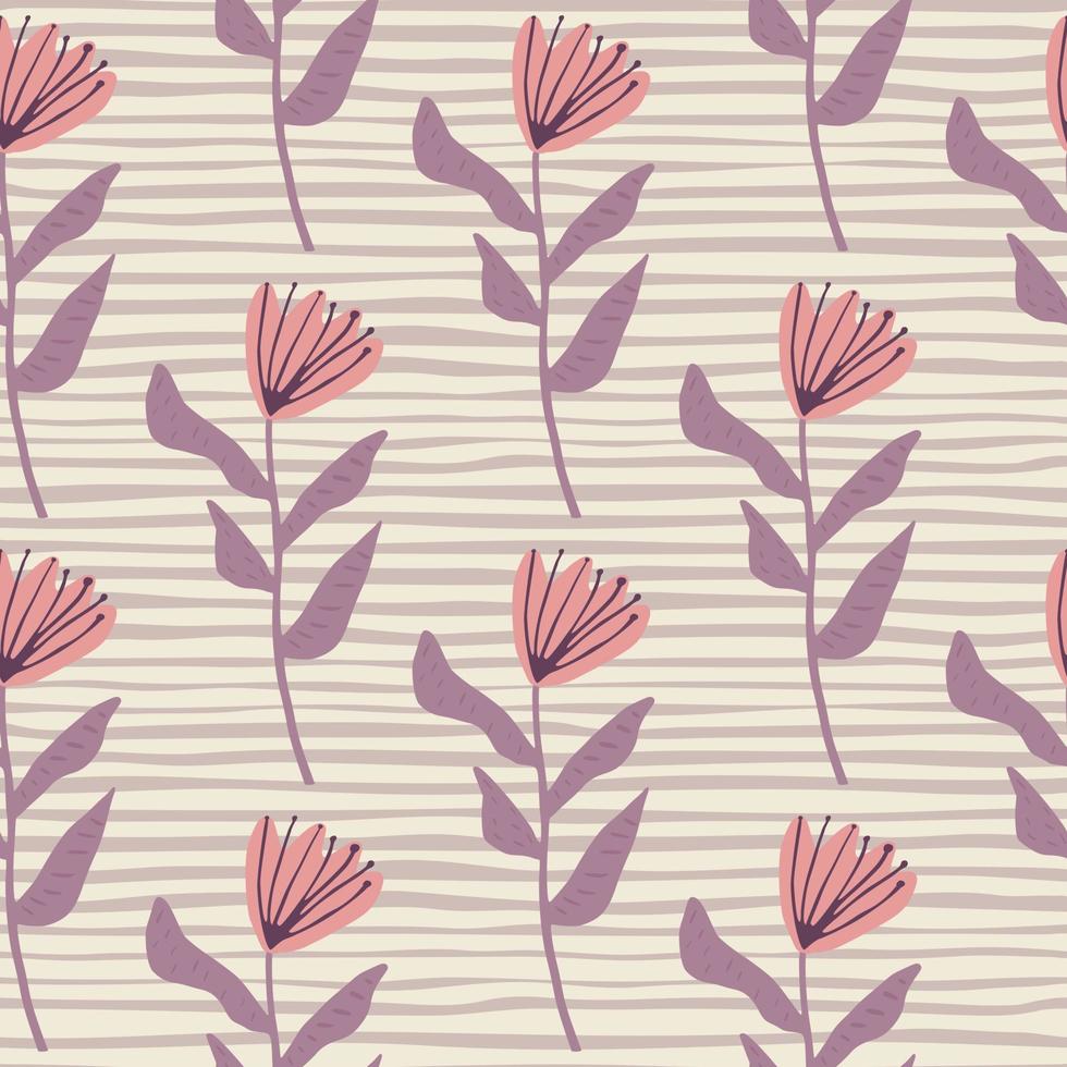 Simple botanic pattern with tulip figure ornament. Pink and lilac tones flowers on stripped pastel light background. vector