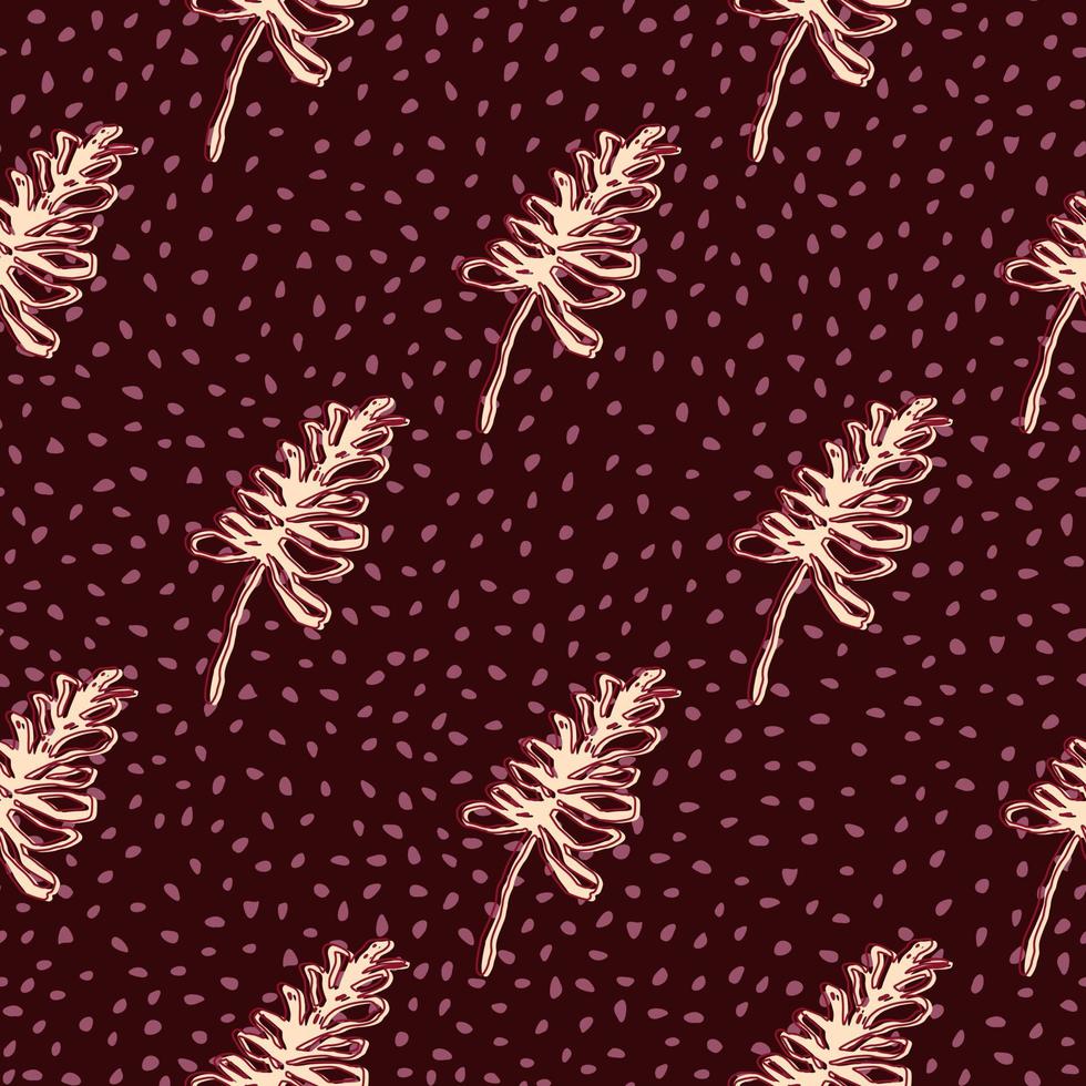 Contoured branch leaves seamless pattern. Hand drawn foliage ornament in maroon dotted background. vector