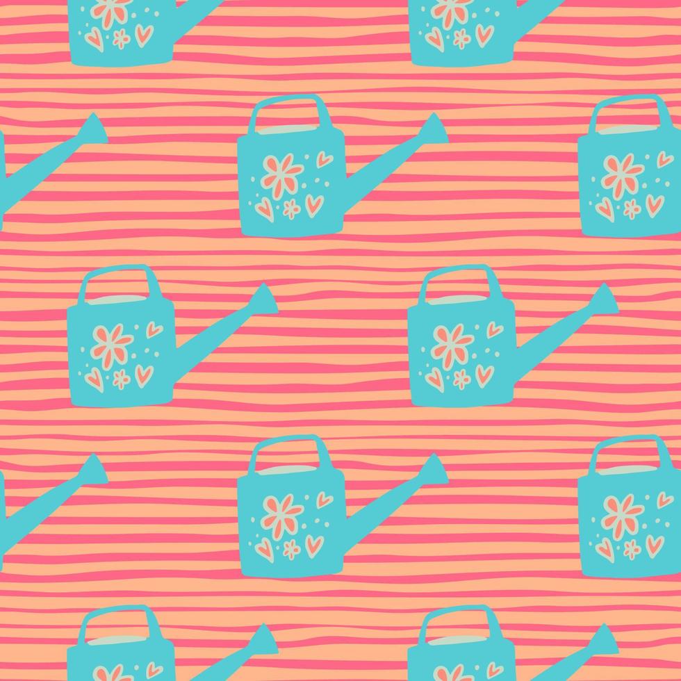 Bright seamless pattern with garden tool ornament. Blue watering cans on pink stripped background. vector