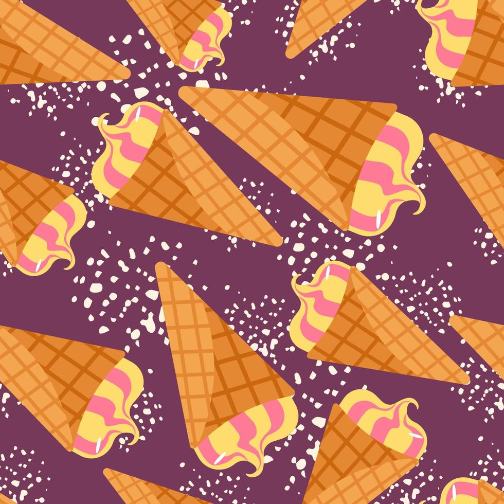 patrón de comida al azar sin costuras con helado en cono de gofre. fondo morado con toques blancos. diseño brillante vector