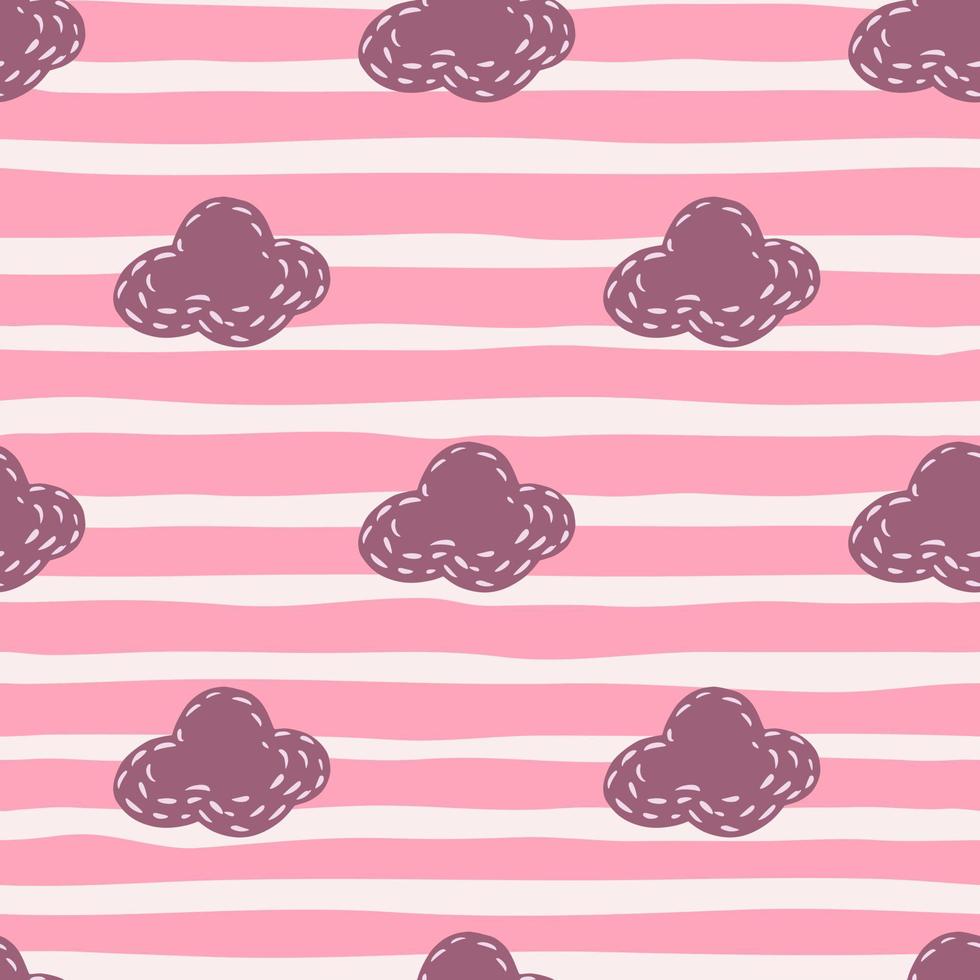 Seamless pattern with purple cloud ornament with dashes. Pink and white striped background. vector