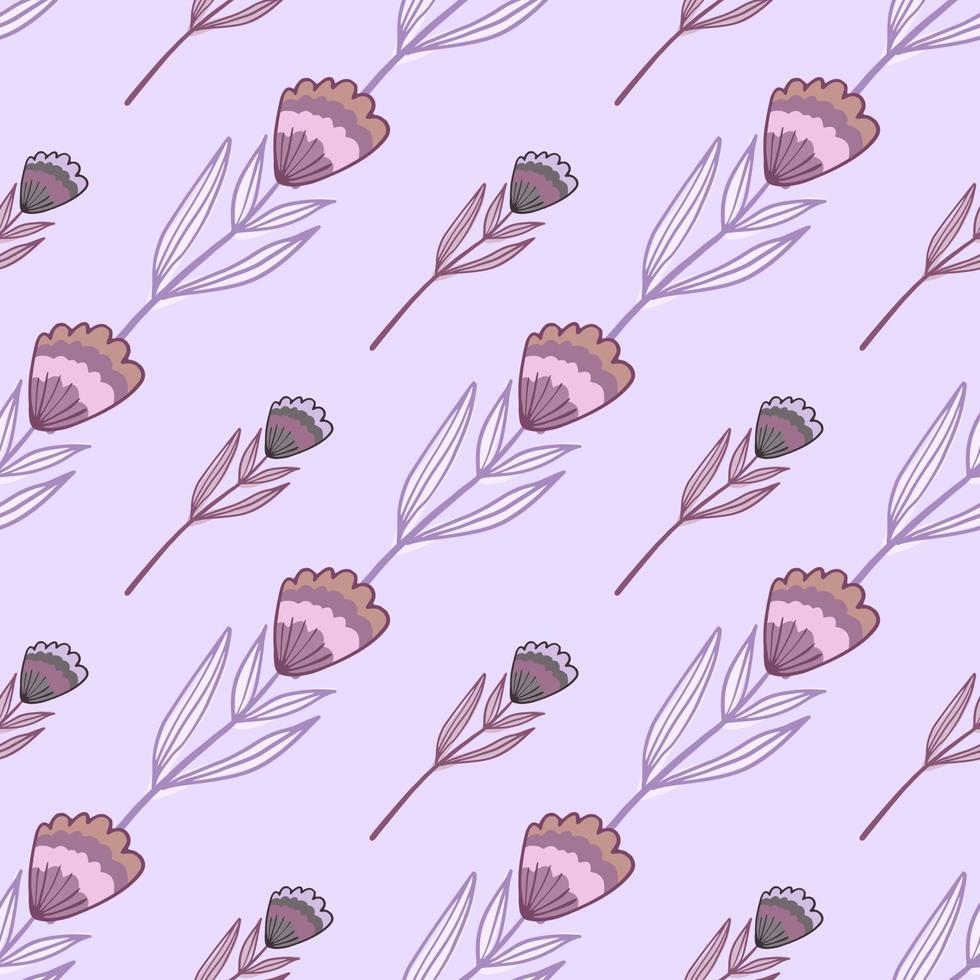 Seamless doodle pattern with contoured flower figures. Folk botanic ornament in pink and purple soft colors on light pastel background. vector