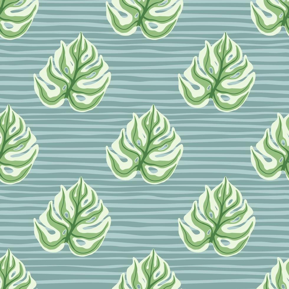 Green colored monstera leaf silhouettes seamless doodle pattern. Blue striped background. Modern print. vector