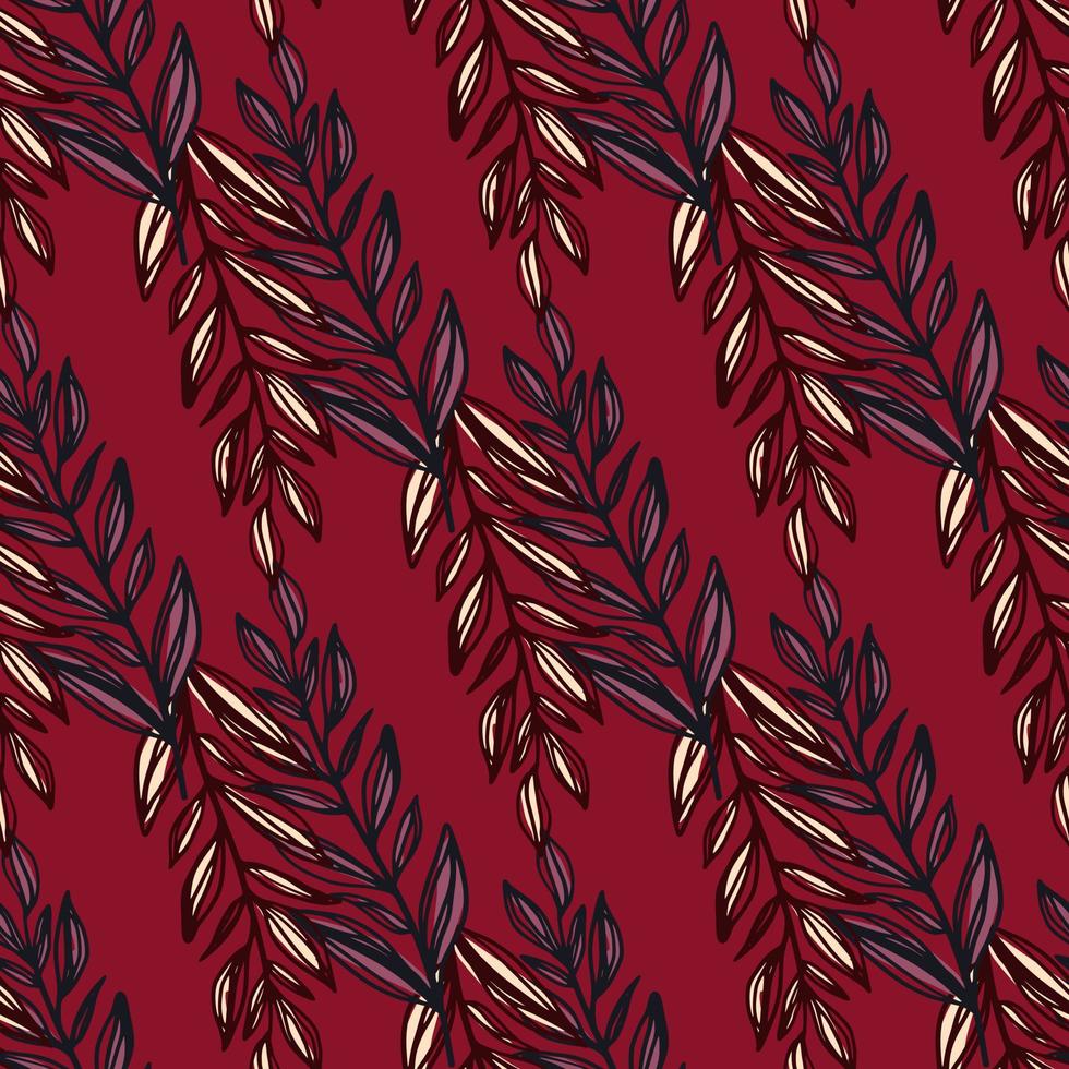 Floral doodle seamless pattern with branches contoured silhouettes. Maroon background with red and blue outline elements. vector