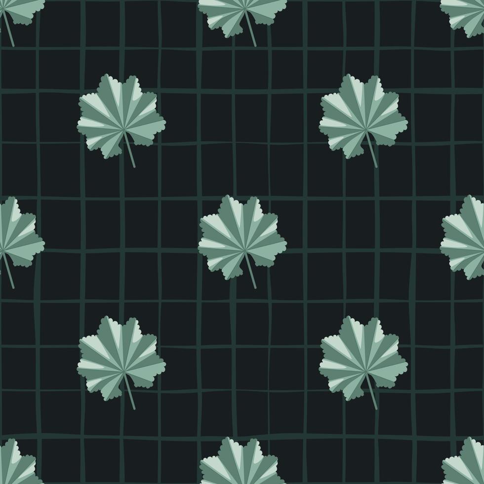 Contrast seamless pattern with bloom abstract junle leaves elements. Black chequered background. vector