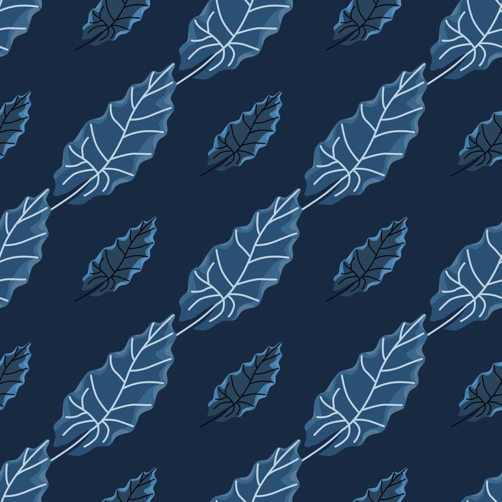 Herbal nature seamless pattern with doodle leaf silhouettes ornament. Navy blue background. vector