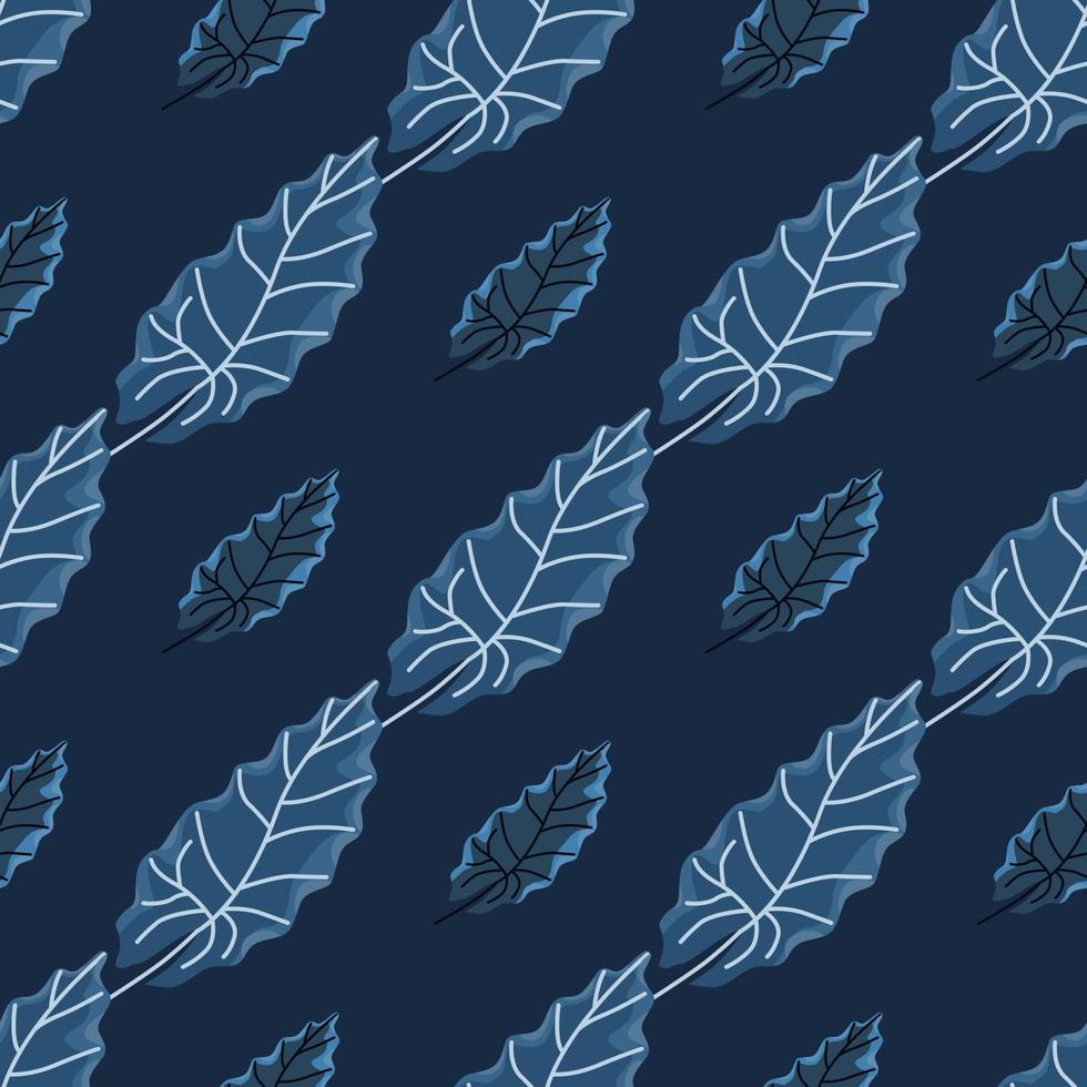 Herbal nature seamless pattern with doodle leaf silhouettes ornament. Navy blue background. vector