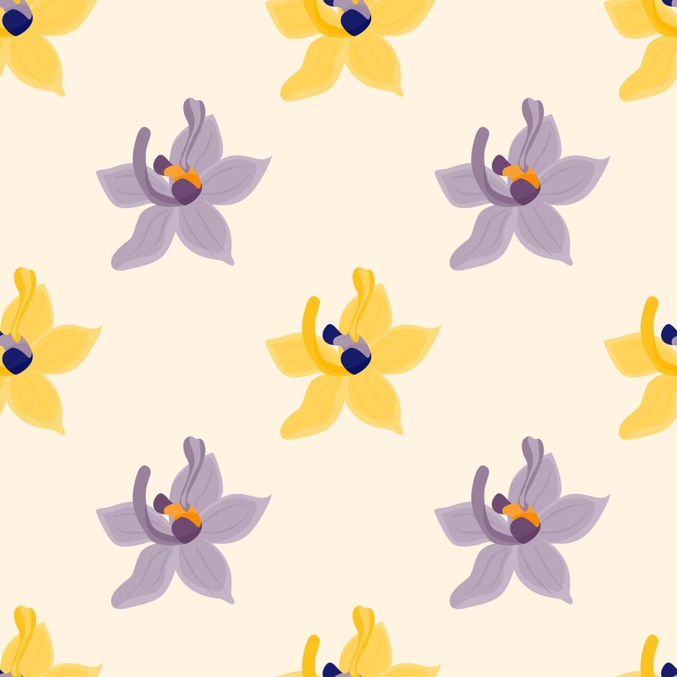 Exotic style nature seamless pattern with purple and yellow orchid flowers shapes. Pastel beige background. vector