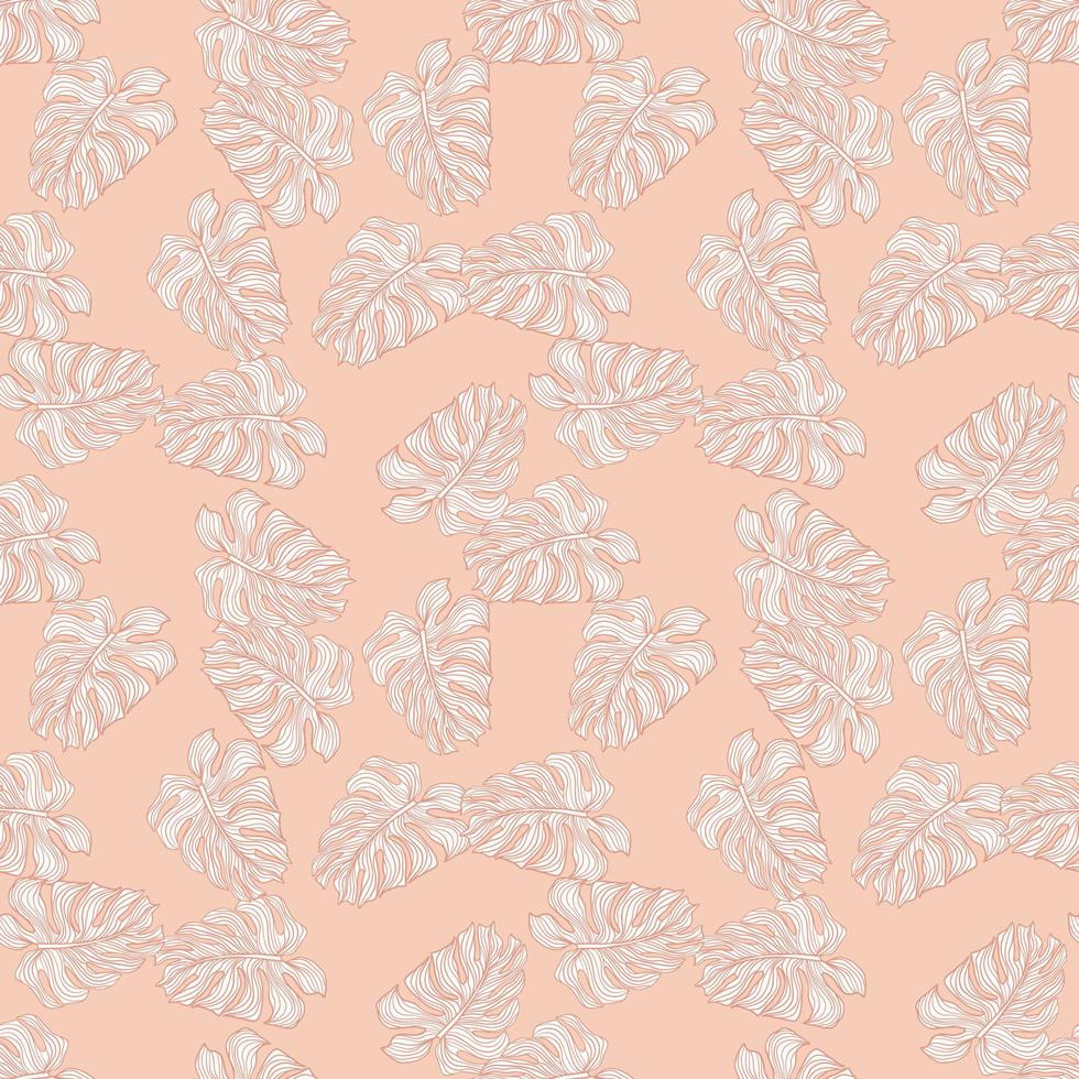 Decorative seamless pattern with random little monstera outline shapes. Pink pastel background. vector