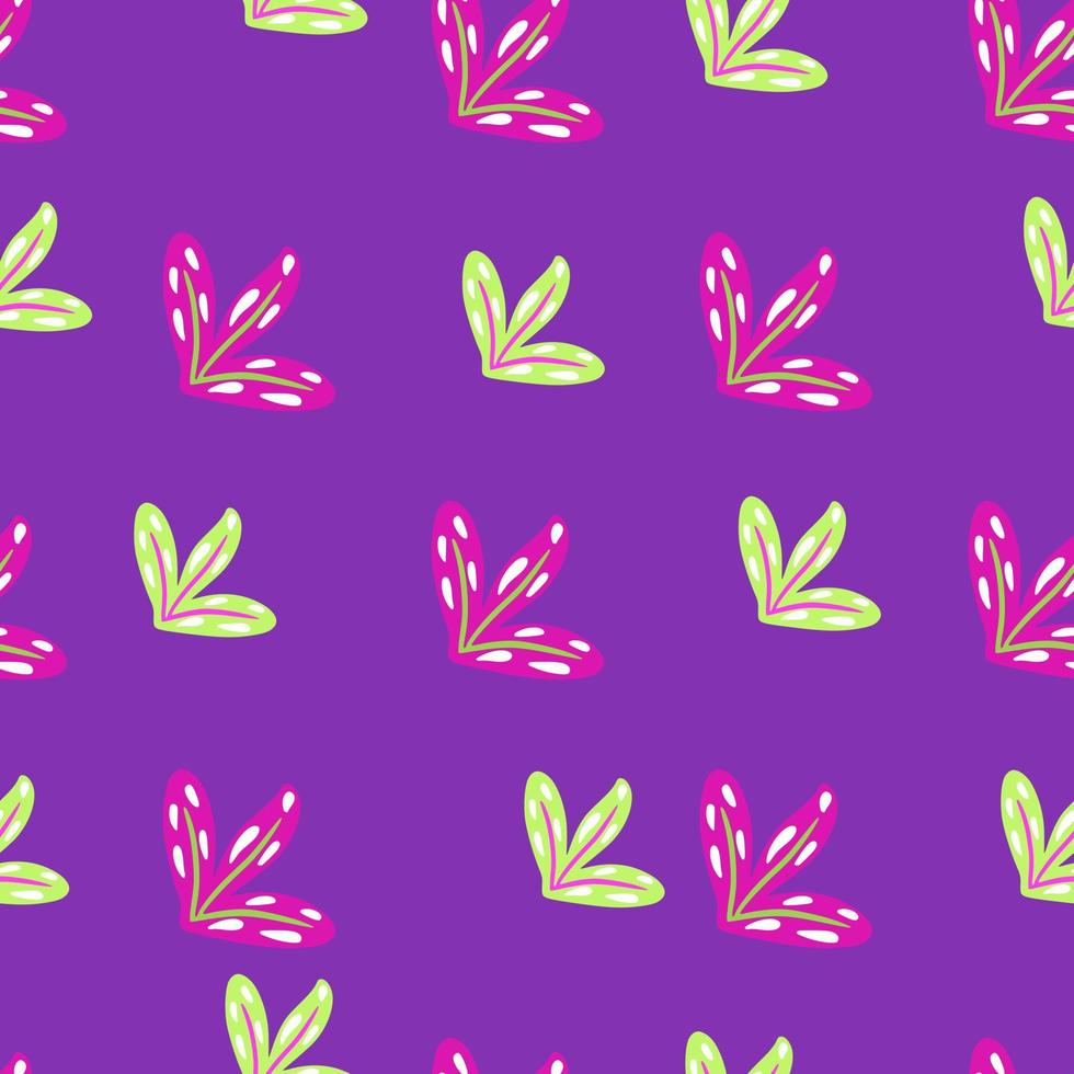 Floral seamless pattern with green and pink colored leaf shapes ornament. Bright purple background. vector