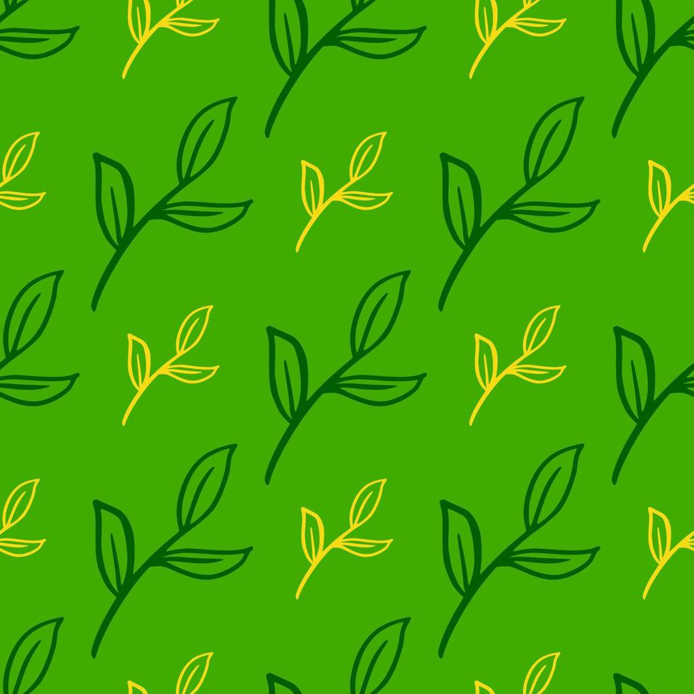 Nature spring seamless pattern with doodle contoured leaf branches shapes. Yellow floral details. vector