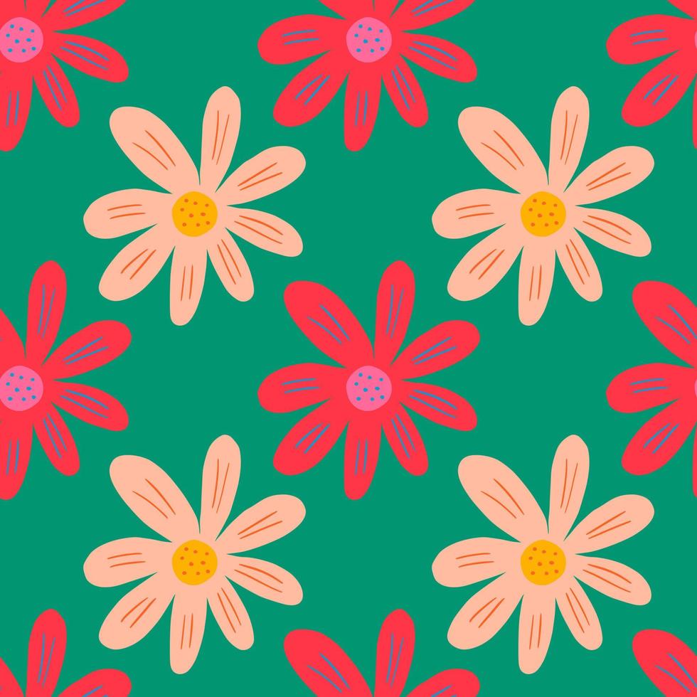 Creative ditsy seamless pattern on green background. Cute chamomile print. Floral ornament. vector