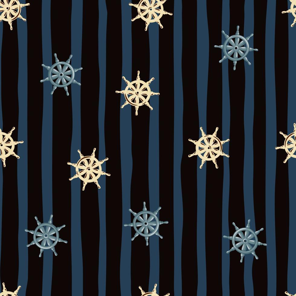 Nautical seamless pattern with beige and blue random ship helm print. Dark black and blue striped background. vector