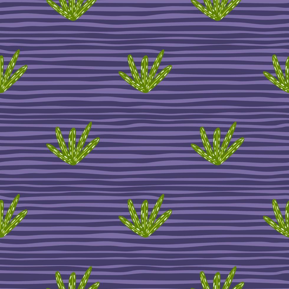 Doodle green foliage ornament seamless pattern in hand drawn style. Purple striped background. vector