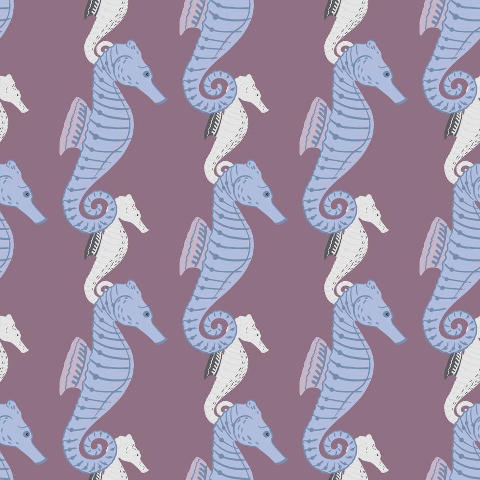 Creative ocean fauna seamless pattern with simple blue seahorse silhouettes. Pale puple background. vector