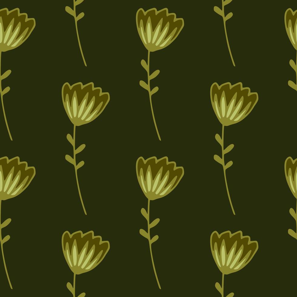 Dark floral seamless pattern with contoured abstract flowers. Design in golden palette and yellow and green tones. vector