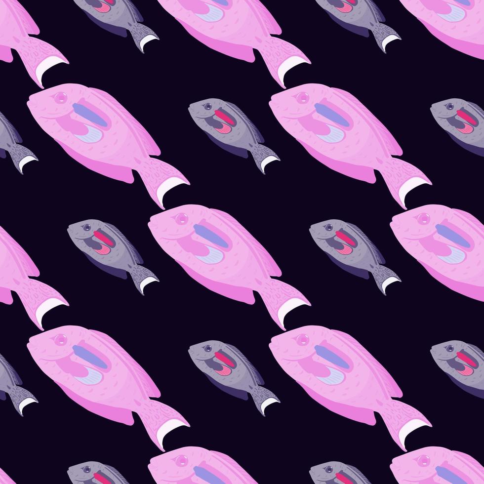 Nature wild seamless pattern with bright pink surgeon fish silhouettes. Black background. Contrast print. vector