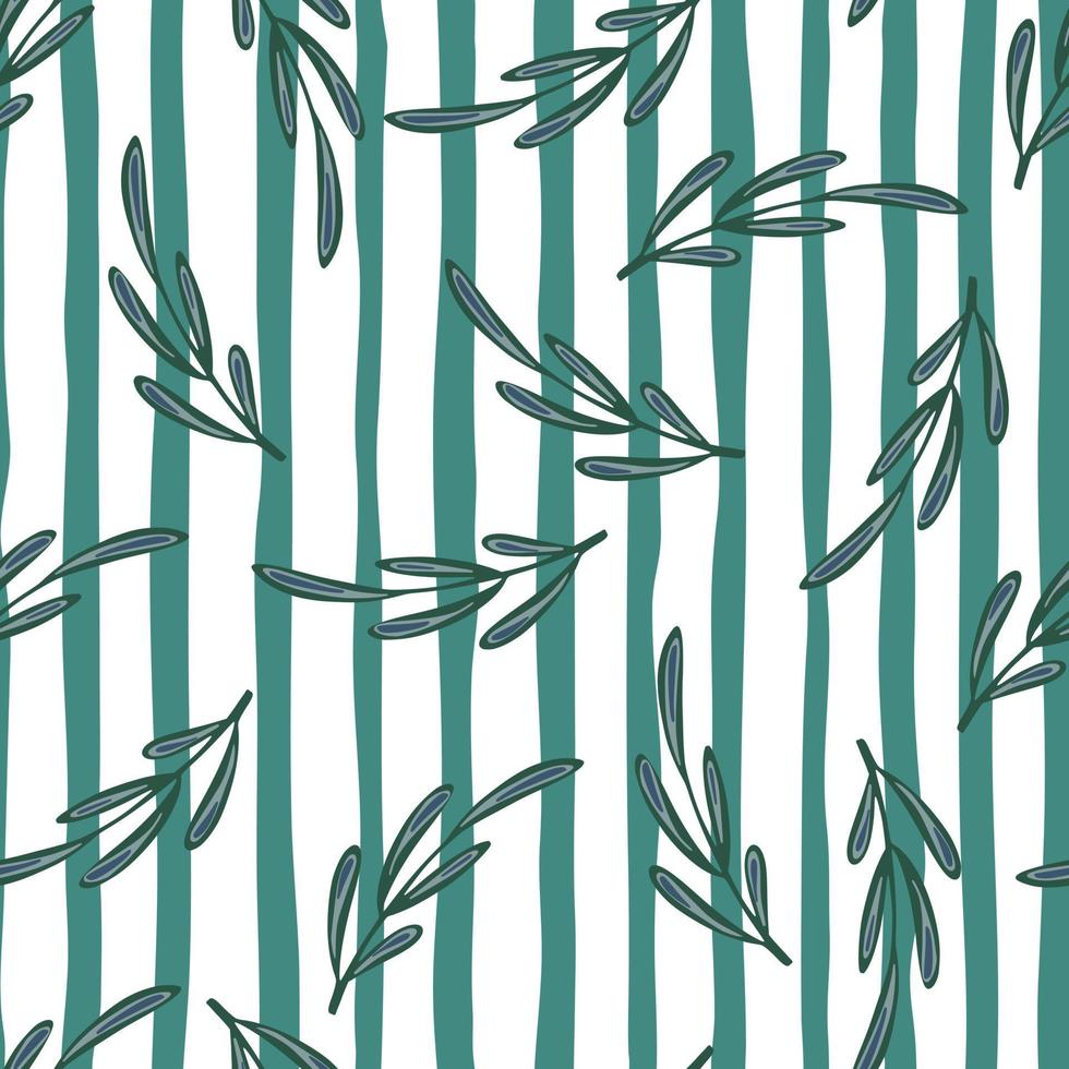Random hand drawn minimalistic foliage branches seamless pattern. White and blue striped background. vector