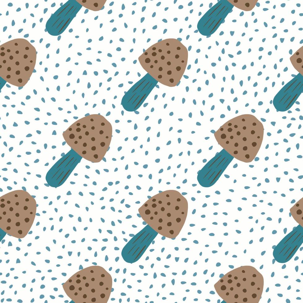 Brown and blue color mushrooms seamless pattern. White backgound with dots. Stylized forest print. vector