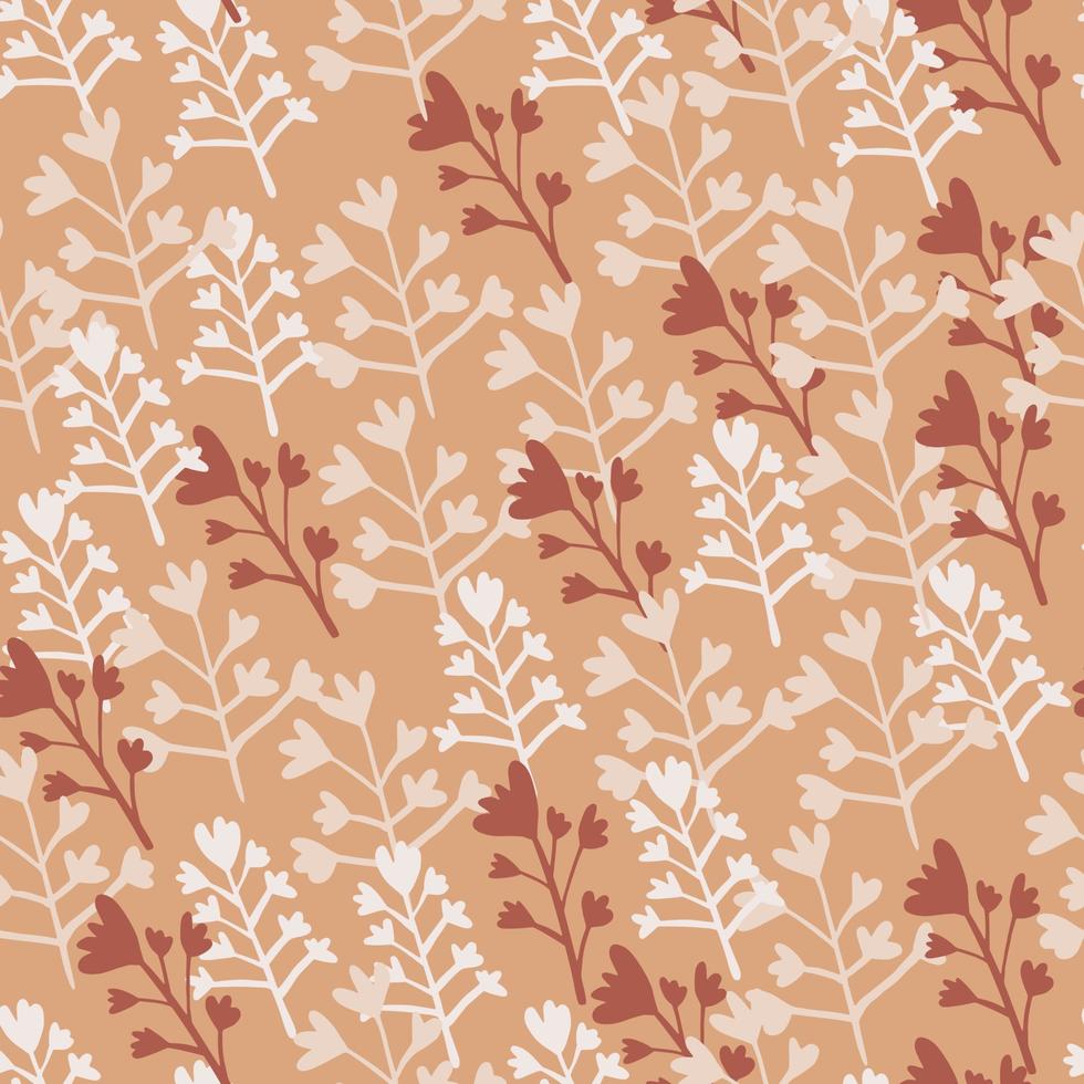 Fall seamless pattern with branch silhouettes on orange background. Random light and brown elements. vector