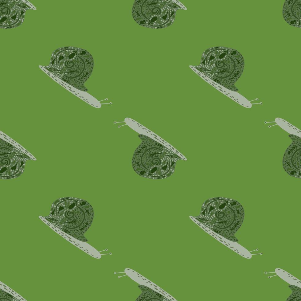 Wildlife seamless pattern with stylized snail silhouettes. Green palette artwork. Slow animal simple backdrop. vector