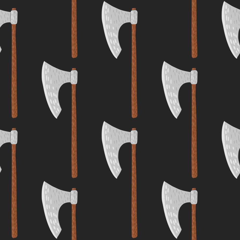 patrón minimalista sin costuras con adorno de hacha vikinga de fideos. formas de armas de acero con mango de madera sobre fondo negro. vector