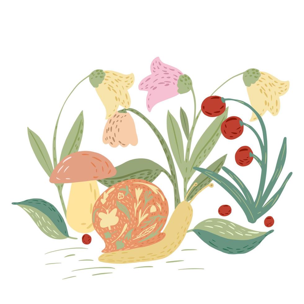 Composition snail with mushroom and flower on white background. Funny cartoon character in doodle style. vector