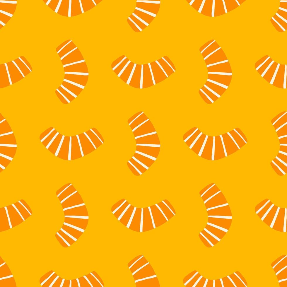 Geometry form seamless pattern. Doodle abstract ornament in orange color with strips. Bright yellow background. vector
