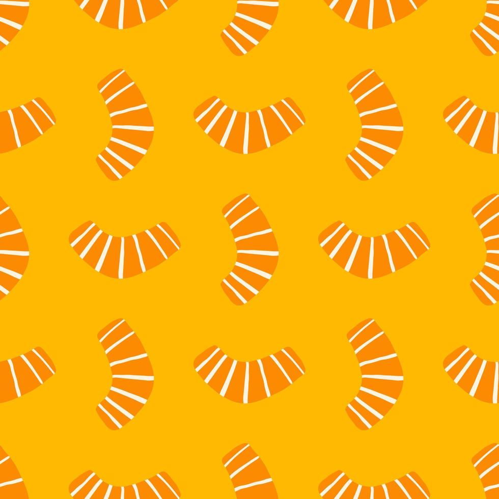 Geometry form seamless pattern. Doodle abstract ornament in orange color with strips. Bright yellow background. vector