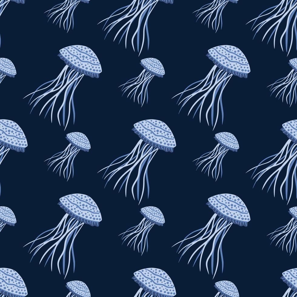 patrón sin costuras de vida silvestre con figuras de medusas de mar azul claro. animales exóticos sobre fondo azul marino oscuro. vector