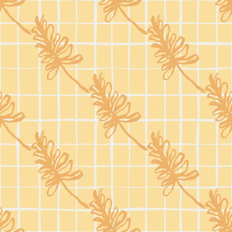 Summer simple floral branch ornament seamless pattern. Orange contoured print with light chequered background. vector