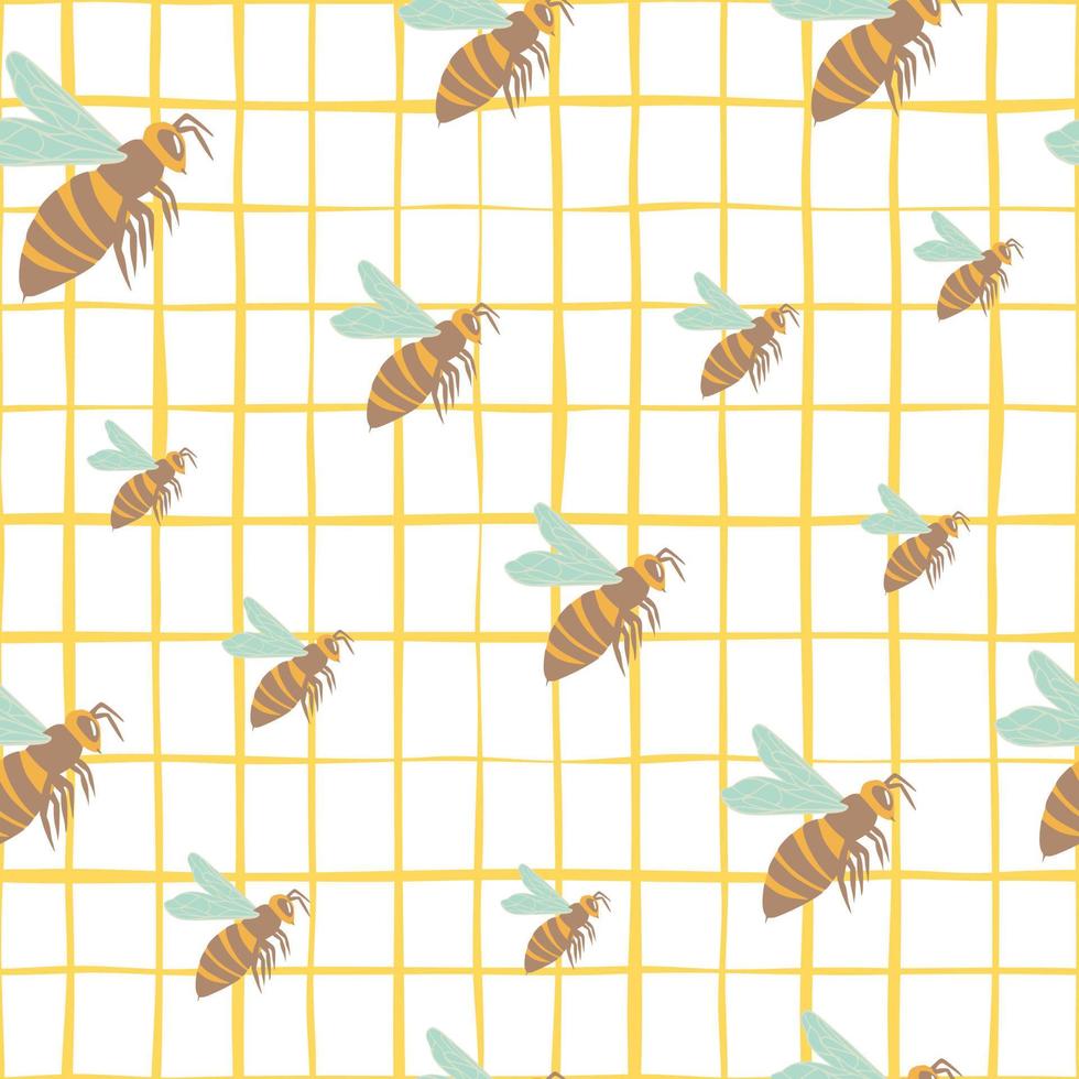 Random bee ornament seamless doodle pattern. Wasp silhouettes in yellow and beige tones, blue wings. White chequered background. vector