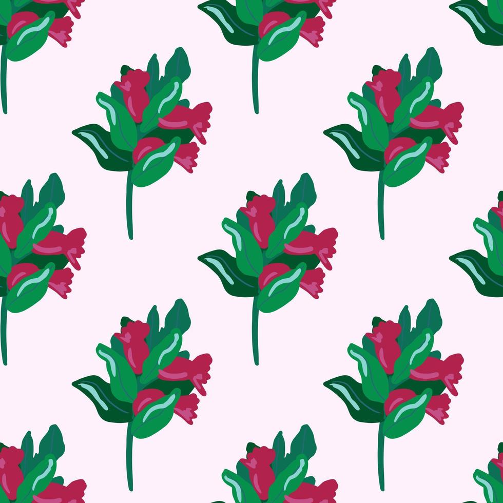 Isolated bright seamless pattern with branches and berries. Pink and green floral silhouettes on white background. vector