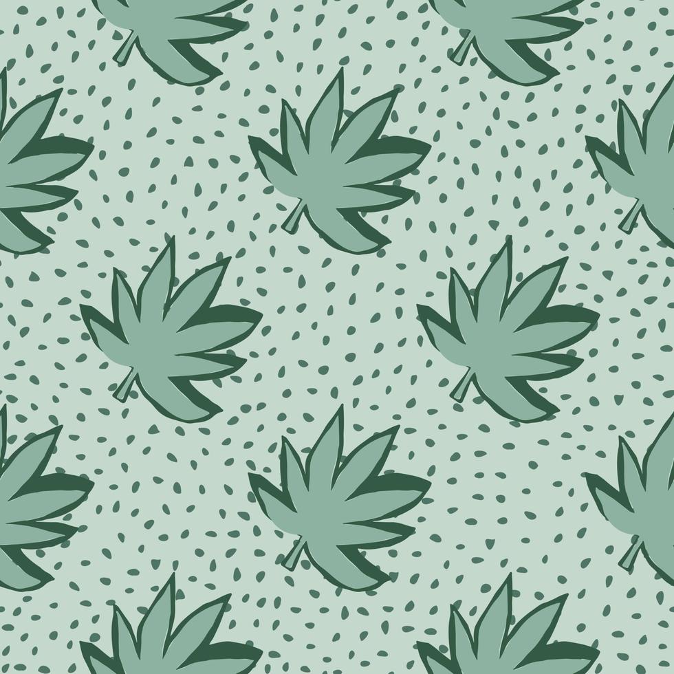 Green cannabis leaves on seamless pattern. Dotted pastel blue background. vector