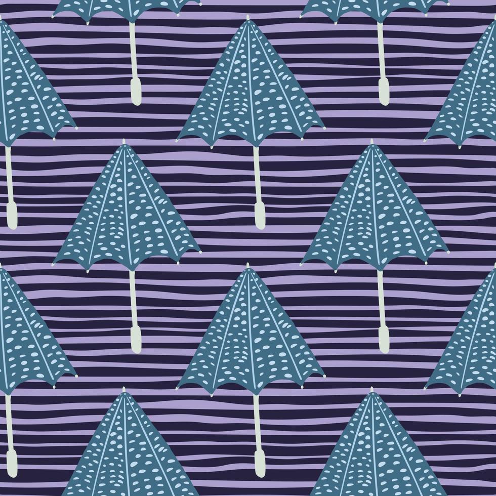 Blue dotted umbrella elements seamless pattern. Purple striped background. Autumn artwork. vector